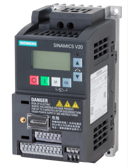 6SL3210-5BB17-5UV1�����ӱ�Ƶ��SINAMICS V20 200-240V 1AC -10/+10% 47-63Hz��ƹ���0.75kW��60��150%����δ����I/O��4DI��2DO��2AI��1��ģ������ֳ����ߣ�USS/MODBUS RTU ��װ�л���������屣����IP20/ UL���ųߴ磺AB68x142x128����x��x�-������PLC�����ӱ�Ƶ�������ӵ��