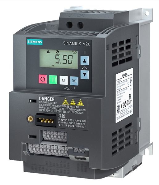 6SL3210-5BB21-1UV1�����ӱ�Ƶ��SINAMICS V20 200-240V 1AC -10/+10% 47-63Hz��ƹ���1.1kW��60��150%����δ����I/O��4DI��2DO��2AI��1��ģ������ֳ����ߣ�USS/MODBUS RTU��װ�л���������屣����IP20/UL���ųߴ磺AC90x160x147����x��x�-������PLC�����ӱ�Ƶ�������ӵ��